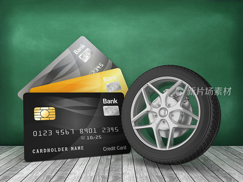 信用卡与汽车车轮在黑板上- 3D渲染